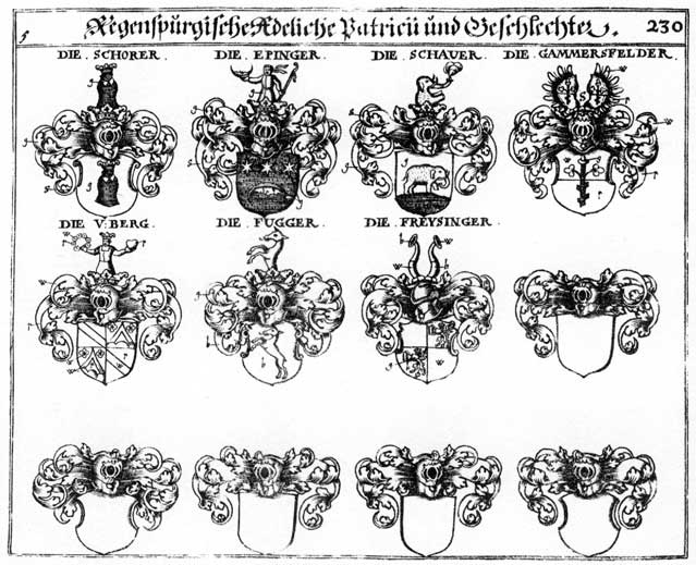 Coats of arms of Berg, Bergen, Bergh, Epinger, Fugger, Gammersselder, Schorer