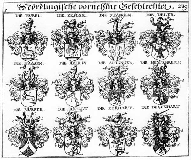 Coats of arms of Aislinger, Degenhart, Deler, Echard, Eckhardt, Haas, Haasen, Hasen, Heidenreich, Heydenreich, Hubel Huebel, Kesler, Kobelt, Nueter, Rechlin, Stangen