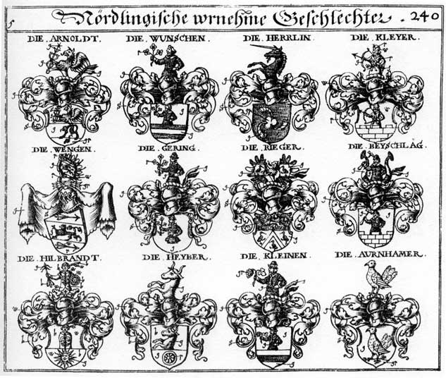 Coats of arms of Arnold, Arnolden, Arnolt, Aurnhamer, Beyschlag, Gering, Herrlin, Heyber, Hilbrand, Hilbranden, Hilprandt, Kleinen, Kleyer, Rieger, Wenge, Wengen, Wunschen