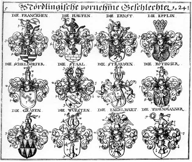 Coats of arms of Engelhardt, Epplin, Ernst, Graffen, Hauffen, Rotinger, Sheldorffer, Staal, Stahl, Straussen, Widemann, Widenmänner, Wüesten