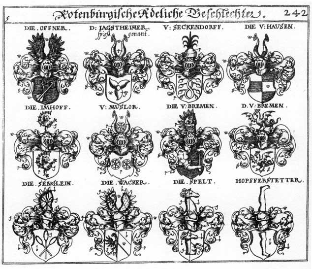 Coats of arms of Brem, Bremen, Haus, Hausen, Hopfferstetter, Imhoff, Jagscheimer, Muslor, Offner, Premen, Seckendorff, Senglein, Spelt, Wacker
