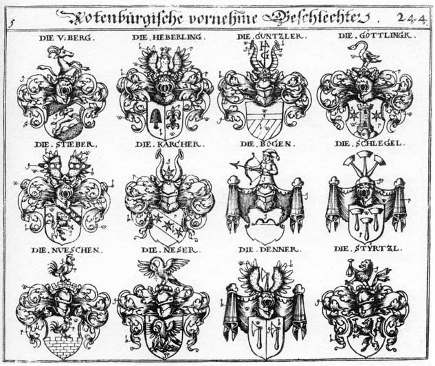 Coats of arms of Berg, Bergen, Bergh, Bogen, Denner, Gottlingk, Guntzler, Heberling, Karcher, Neser, Nueschen, Schlegel, Stibar, Stieber, Stürzel, Styrzl