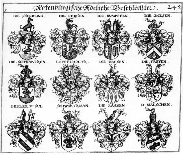 Coats of arms of Berler, Boesen, Fergen, Freyen, Krefen, Kressen, Kumpsen, Loesselholz, Lösselholtz, Malschen, Raaben, Raben, Scherling, Schwartz, Schwartzen, Schwartzmann