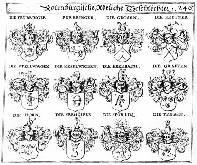 Coats of arms of Eberbach, Frübringer, Fürbringer, Furpringer, Graffen, Grosen, Grossen, Horn, Horne, Kesselweisen, Kretzer, SeehÖffer, Spörlin, Stellwagen, Trüben