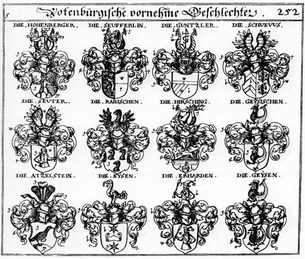 Coats of arms of Atzeistein, Eisen, Erharden, Eysen, Gelschsheimer, Geysen, Geysischen, Guntzler, Hirsching, Hochenberg, Hohenberg, Hohenberger, Rabischen, Schaiblein, Schuevus, Seufferlin, Seuter, Seytter