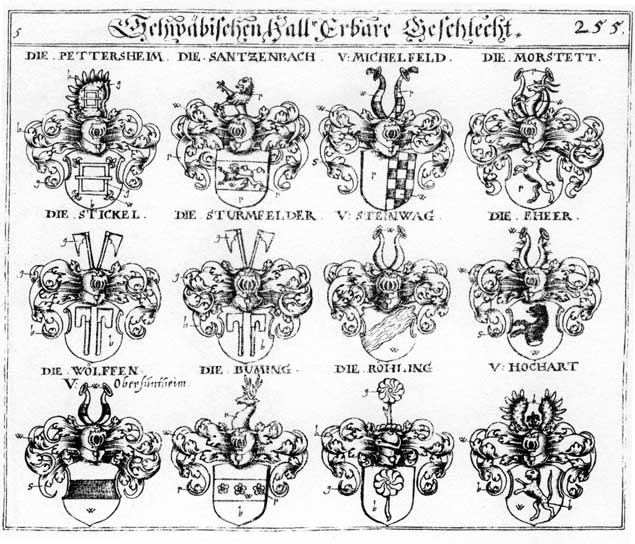 Coats of arms of Buming, Eheer, Hochart, Michelfeld, Morstett, Morstetten, Petersheim, Rehlingen, Röhling, Santzenbach, Steinwag, Stickel, Sturmfelder, Wolff, Wolffen