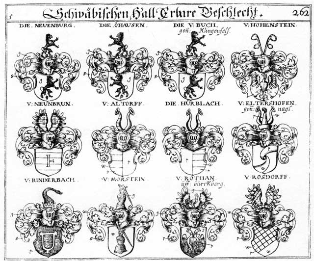 Coats of arms of Altdorff, Altendorff, Altorff, Buch, Buoch, Eltershofen, Klingenfels, Klingenfelser, Nagel, Neuenbrun, Neuenburg, Neunbrun, Newenbrum, Newenbrun, Newenburger, Ohausen, Puch, Rinderpach, Rosdorff, Rossdorff, Rothan