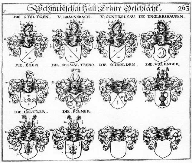 Coats of arms of Braunsbach, Braunspach, Cuntzelsau, Egen, Englershausen, Goltzer, Polner, Schmaltreho, Scibolden, Stoltzen, Volender