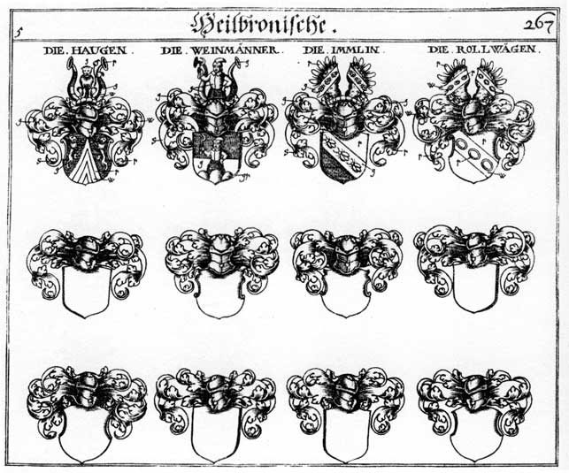 Coats of arms of Haug, Haugen, Immlin, Roellwagen, Rollwägen, Weinmann, Weinmannfer
