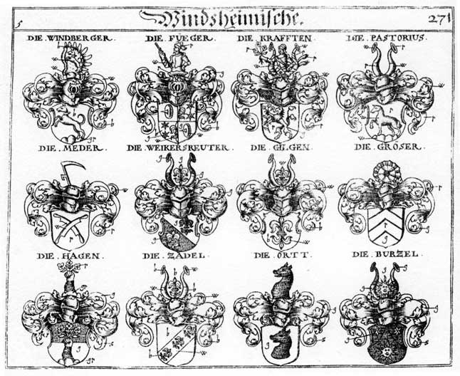 Coats of arms of Burtzel, Fueger, Fyeger, Gilgen, Gröser, Hagen, Haggen, Hagn, Krafft, Krafften, Meder, Pastorius, Weickersreuter, Zadel