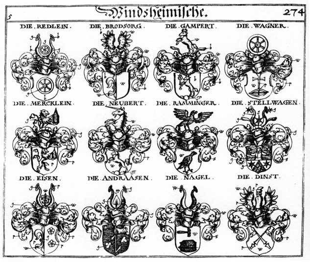 Coats of arms of Andrausen, Brodsorg, Dinst, Eisen, Eysen, Gampart, Mercklein, Nagel, Neubert, Raminger, Redlein, Stellwagen, Wagner