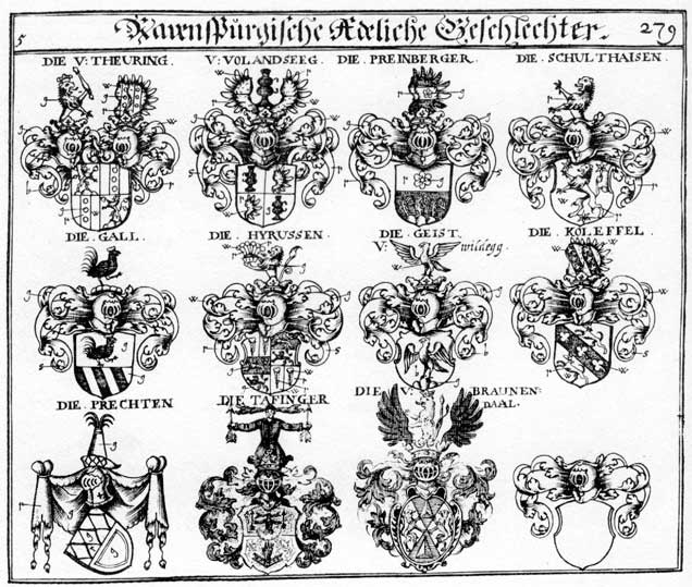 Coats of arms of Gaist, Gall, Gallen, Gayst, Geist, Hyrussen, Kohlöffel, Koleffel, Preinberger, Schulthais, Schulthaisen, Volandsegg