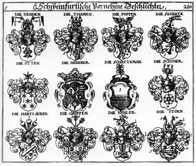 Coats of arms of Baibel, Fenden, Groppen, Hartlauben, Heberer, Hyber, Hyhber, Oth, Otten, Otthen, Poppen, Schattemann, Schoner, Segnitz, Thainen, Venden