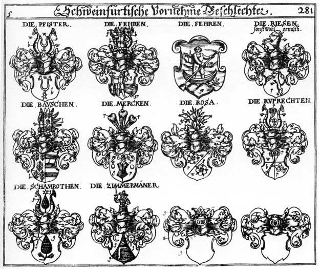 Coats of arms of Bauschen, Feeren, Fehren, Pfister, Riesen, Rosa, Ruprechten, Rysen, Schamrothen, Wohlgemuth, Zimmermann