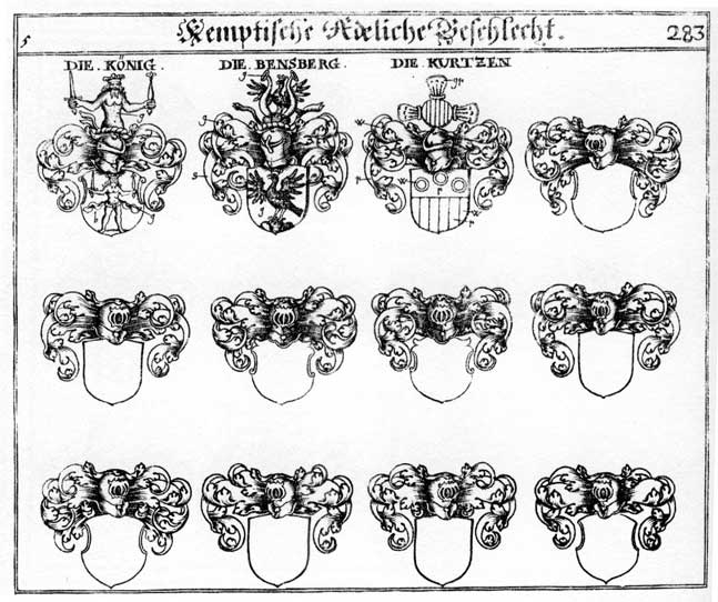 Coats of arms of Bensberg, Koenig, Koenig K, König, Kurtzen, Wiegen