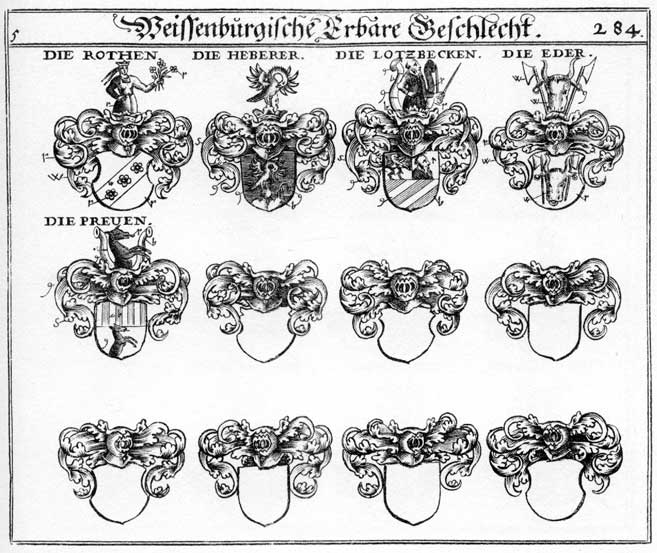 Coats of arms of Dullano, Eder, Heberer, Lotzbecken, Preuen, Preve, Preven, Roden, Rodt, Roten, Roth, Rothen