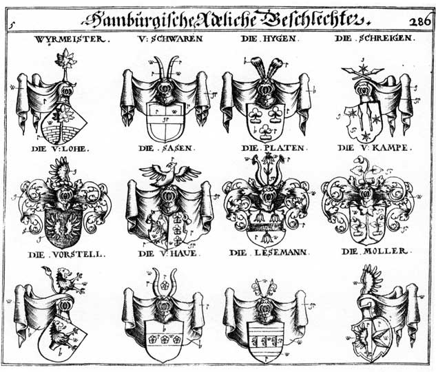 Coats of arms of Campe, Haue, Hauen, Hygen, Kampe, Lesemann, Lohe, Moller, Platen, Sasen, Schreigen, Schwaren, Vorstell, Wyrmeister