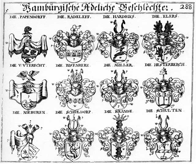 Coats of arms of Bisenbecke, Brande, Elers, Hardiger, Hesterberg, Moller, Niebur, Nieburen, Papendorff, Radeleff, Schuldorp, Schulten, Uterecht