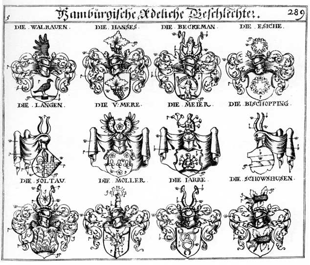 Coats of arms of Beckemann, Bischoppingk, Hanses, Jarrel, Lang, Langen, Majer, Mayer, Meier, Meir, Mere, Meyer, Moeller, Möller, Schowshusen, Walrauen