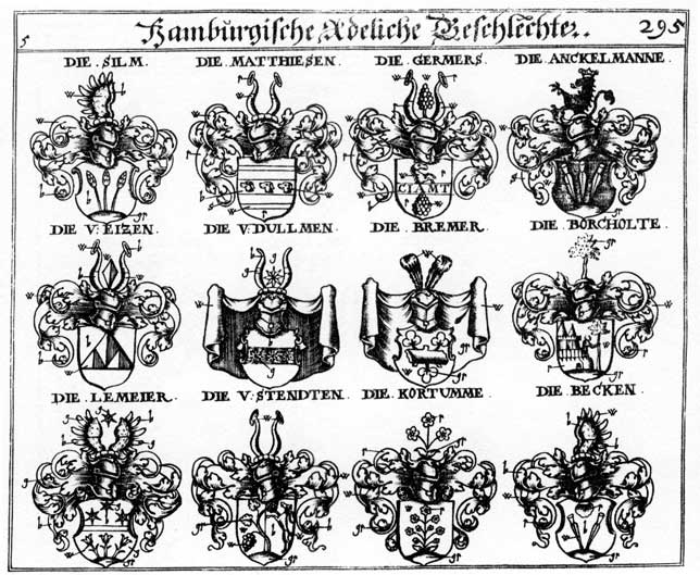 Coats of arms of Anckelmänner, Beck, Becken, Borcholte, Bremer, Dulmen, Eitzen, Germers, Korrumme, LeMeier, Matthiesen, Pecken, Silm, Stendten