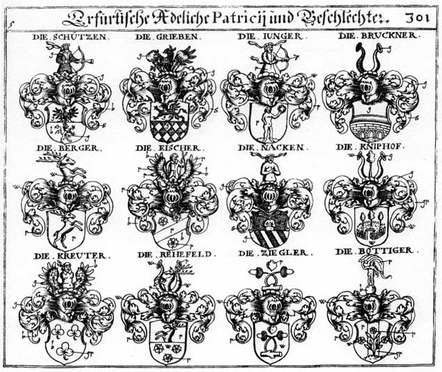 Coats of arms of Berger, Bottiger, Bruckner, Eischer, Grieben, Junger, Kniphof, Kreuter, Nacken, Perger, Pruckner, Rechefeld, Schützen, Zegler, Zigler