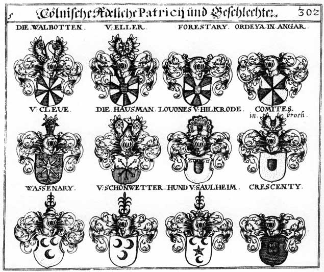 Coats of arms of Cleve, Cresentio, Eller, Forestarii, Hausmann, Hund, Hundt, Khreitzer, Lovones, Schönwetter, Wassenarum