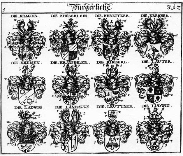 Coats of arms of Kheberlein, Khöberl, Kraissen, Kranpihler, Krebner, Kreisen, Ladwig, Landavus, Lauter, Leutner, Ludwig, Ludwigen