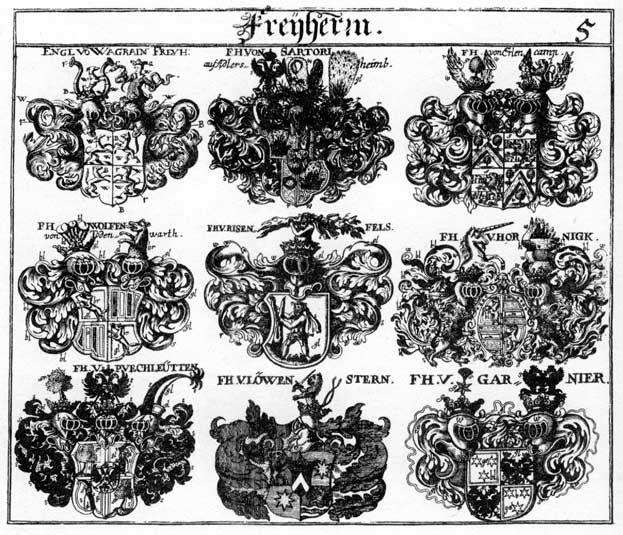 Coats of arms of Engel FH, Engl FH, Erlencamp FH, Garmnier FH, Hornigk FH, Loewenstern FH, Puechleutten FH, Rilenfels FH, Sartori FH, Wolffen FH