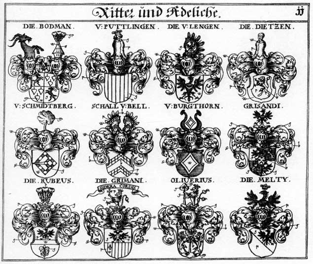 Coats of arms of Bodmann, Burgthorn, Butlinck, Diettzen, Grisandi, Lengen, Meltii, Oliverius, Putlinck, Puttlingen, Rubeus, Schall, Schallen, Schaller, Schmidberg, Schmidberger, Schmitherger