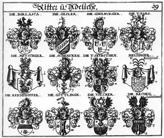 Coats of arms of Borlasea, Faro, Gessler, Ginzburger, Gottlingk, Metschger, Meusinger, Rechen, Reichshoffer, Reigshoffen, Völcker