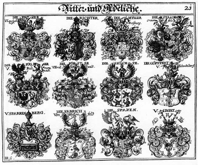 Coats of arms of Fabricii, Forster, Fügner, Goepfert, Göpffert, Kröner, Legat, Leuchte, Richter, Sparrenberg, Spatzen, Staaden, Staden, Staten