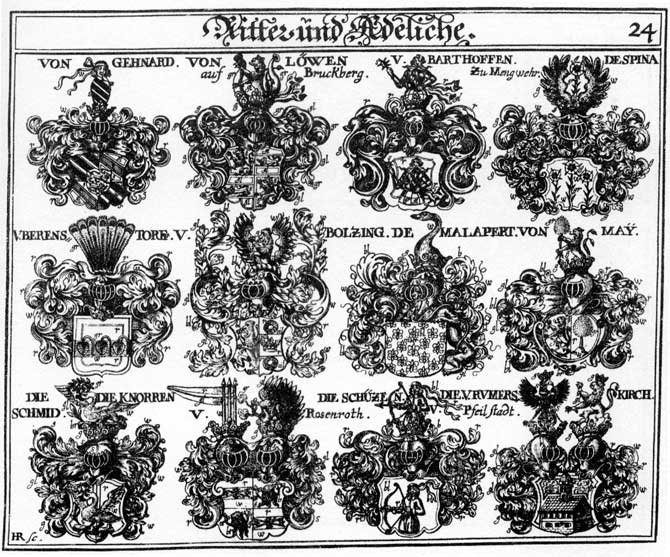 Coats of arms of Barthoffen, Berenstorff, Boltzing, de Spina, Despina, Gehnard, Knorren, Lewen, Löwen, Malapert, May, Mayen, Rumerskirch, Schmidt, Schmidten, Schmit, Schützen