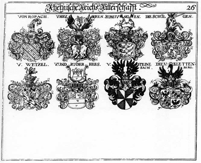 Coats of arms of Jung, Jungen, Kiettenberg FH, Meuseren, Ropach, Schulgen, V der Hees, Wetzel