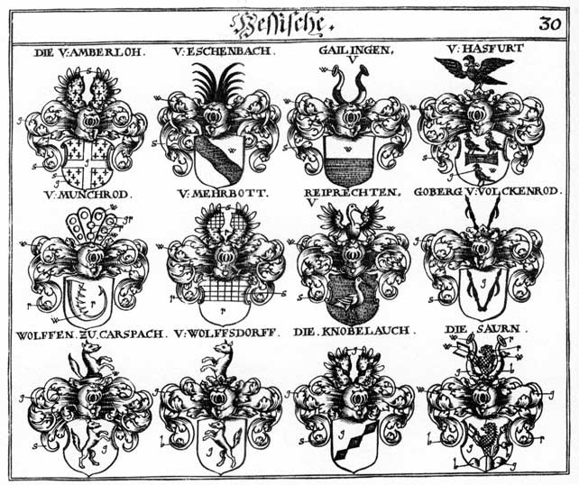 Coats of arms of Amberloh, Eschenbach, Göberus, Goeberus, Hasfurt, Mehrbott, Münchrod, Reiprechten, Saurn, Wolfsdorff
