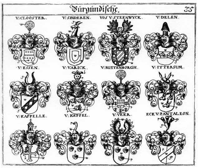 Coats of arms of Clooster, Closter, Delen, Eck, Ecken, Eckh, Egg, Essen, Feern, Ittersum, Keppel, Köppel, Ruitenborgh, Steenwick, Varick, Veer, Vos, Vossen