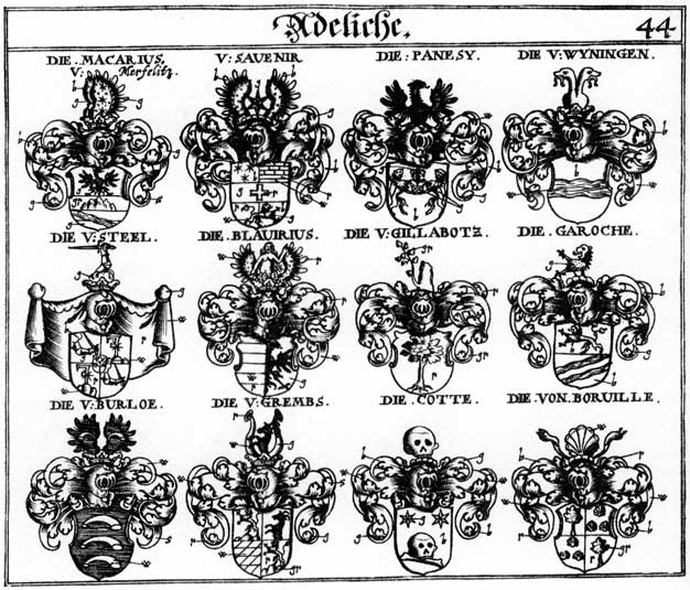Coats of arms of Borville, Burloe, Cotte, Garoche, Gillabotz, Grembs, Macarius, Panesy, Savenir, Steel, Wyningen