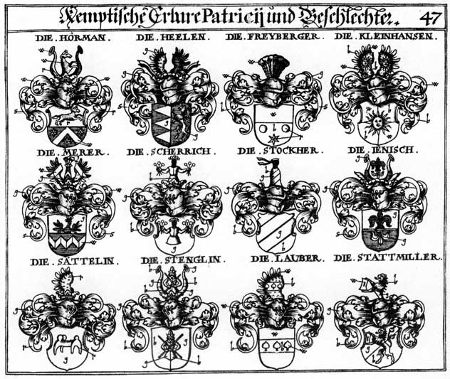 Coats of arms of Freiberger, Freyberg, Freyberger, Hermann, Hörman, Jenisch, Jhenisch, Kleinhausen, Lauber, Merer, Saettelin, Sättelin, Scherrich, Stattmiller, Stenglin, Stocker, Stockher