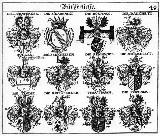 Coats of arms of Bonanno, Dalcheti, Durnberger, Dürnperger, Frischeisen, Gradenigi, Hüllen, Renninger, Trodel, Uheutiosan, Widerhorst
