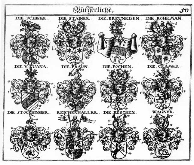 Coats of arms of Bochen, Braun, Breunrisen, Cramer, Kramer, Pochen, Praun, Praunen, Reichenhaller, Rohrmann, Schifer, Schiffer, Stainer, Stockhinger, Wagner, Zuana