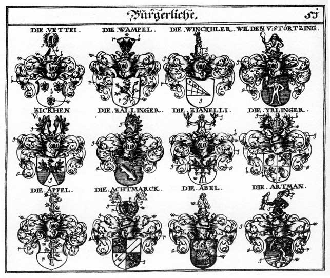 Coats of arms of Abel, Achmarck, Apfel, Artman, Vettei, Wampel, Wilden, Wildt, Winckler, Zällinger, Zianelli, Zickhen