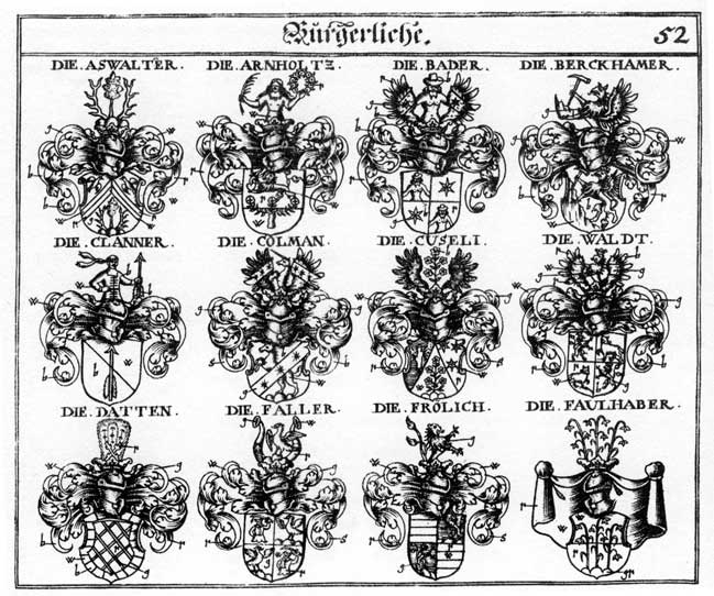 Coats of arms of Arnholz, Aswalter, Bader, Berckhamer, Clanner, Colman, Cuseli, Datten, Faller, Faulhaber, Frölich, Pader, Walden, Waldt, Yrlinger